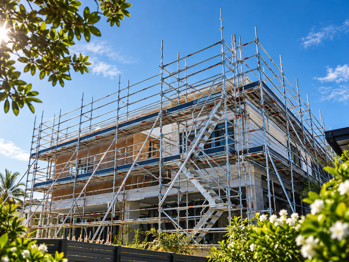 Curved apartment building wrapped in scaffold against a blue sky